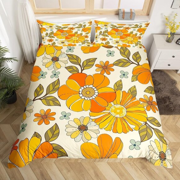 Other - Retro Flowers Duvet Cover Set King Size,Watercolor Yellow Floral Green Leaves Pl